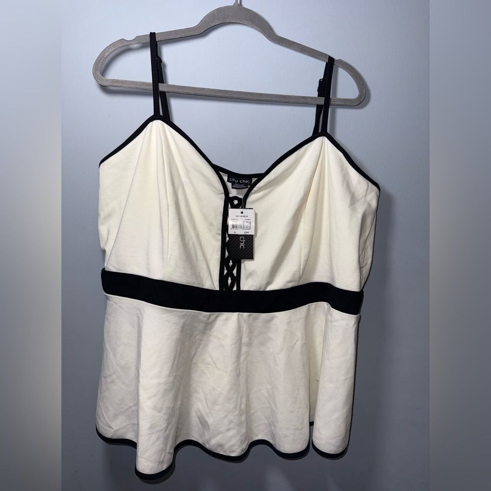 City Chic Black and Off White Lace-Up Peplum Tank Top Size 22W NWT READ DESC